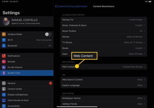 Zrzut ekranu ustawień ograniczeń treści iPada.