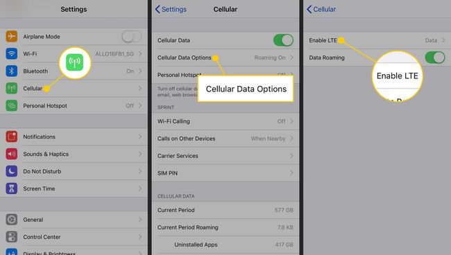 A opção Habilitar configurações LTE em um iPhone