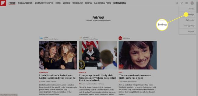 La opción Configuración en Flipboard para la web.