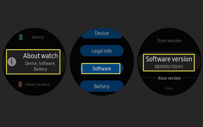 Piekļūstiet Galaxy Watch programmatūras versijai, izmantojot izvēlni About Watch.
