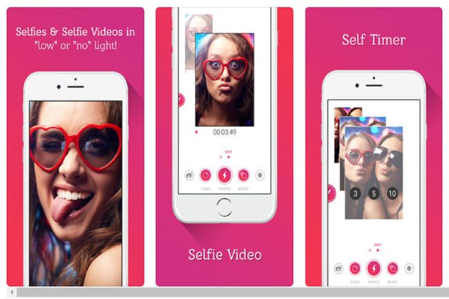 iTunesWebサイトにあるSelfshotアプリのアプリリストのスクリーンショット。 このスクリーンショットには、Selfshotアプリの3つのモバイルスクリーンショットが含まれています。