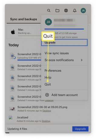 تطبيق Dropbox Mac مع تمييز Quit.