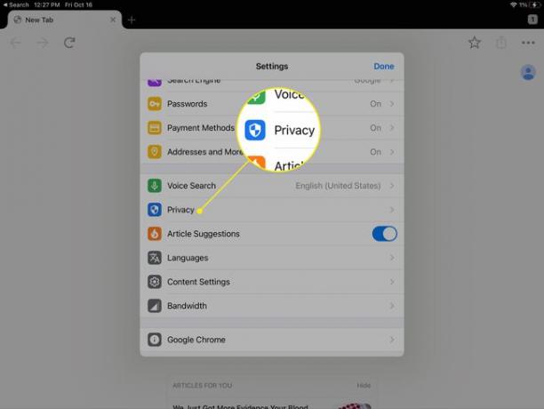 Privacidad en la configuración de Chrome en iPad