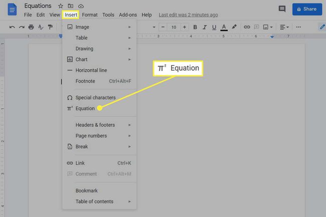O menu Inserir destacado junto com o botão Equação no Google Docs.