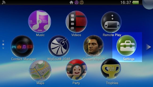 Tela inicial do PlayStation Vita com Configurações destacadas