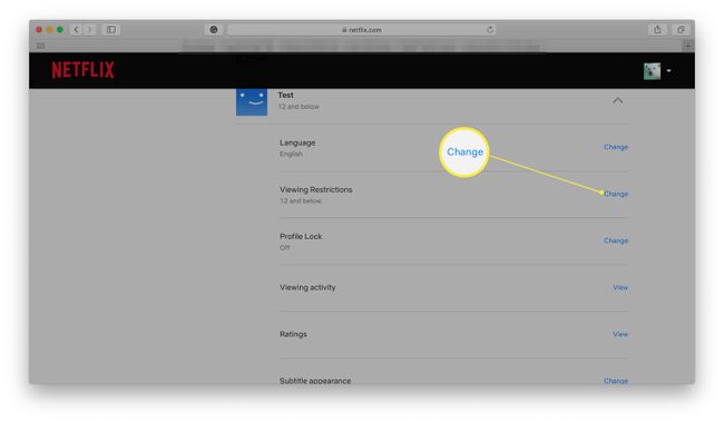 Netflix-profil med visningsbegränsningar markerade
