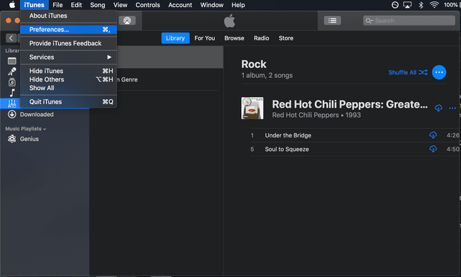 captura de tela do menu do iTunes no macOS