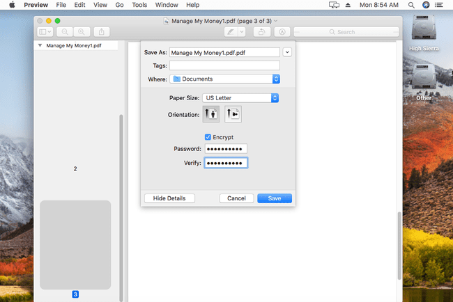 Setări de criptare PDF în Preview pentru Mac