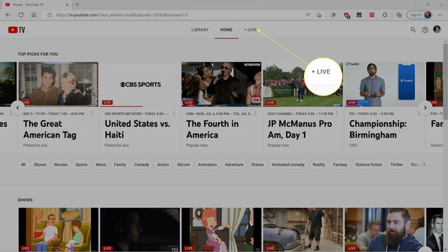 Live evidențiat pe YouTube TV.