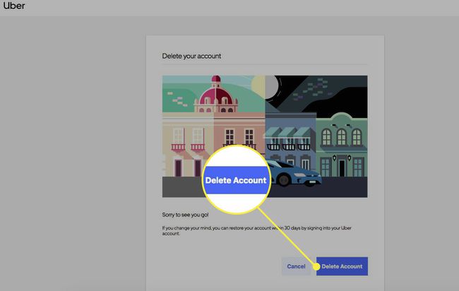 Снимок экрана веб-сайта Uber с выделенной кнопкой Удалить учетную запись