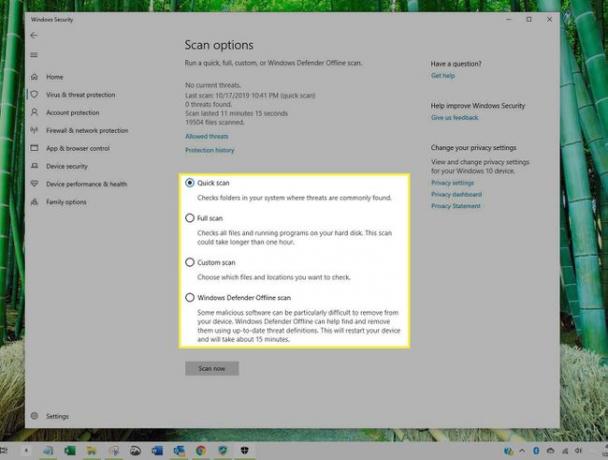 Windows Defender 검사 옵션.