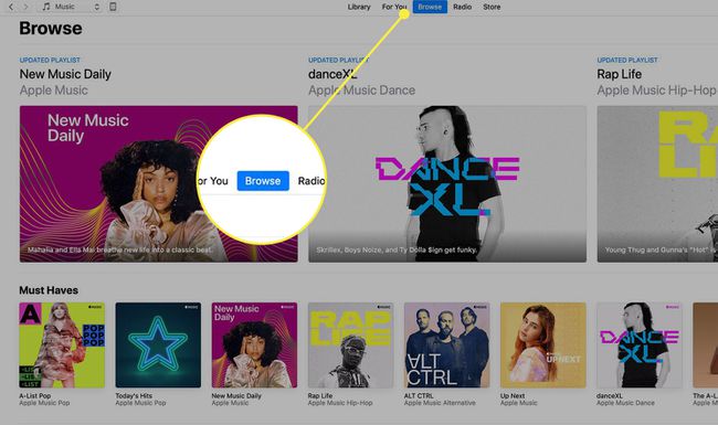 iTunes ekrānuzņēmums ar izceltu virsrakstu Pārlūkot