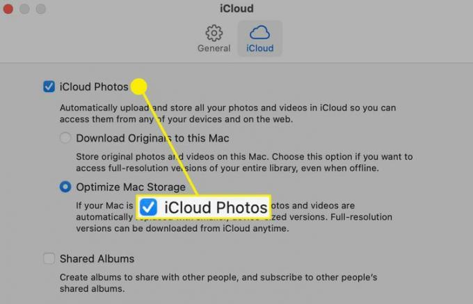 iCloud-bilder-avmerkingsboksen er uthevet i Mac Photos-preferansene