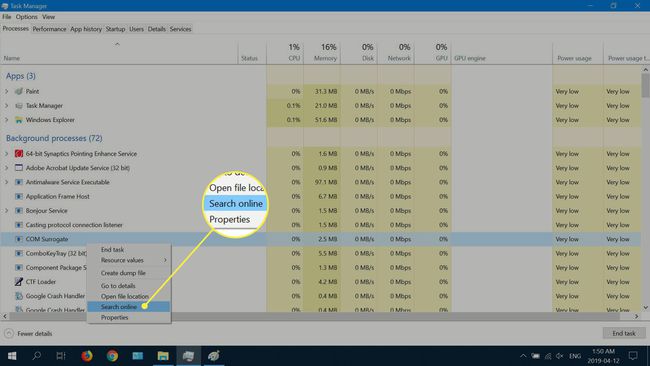 Si ve un proceso sospechoso en ejecución, haga clic con el botón derecho y seleccione Buscar en línea.