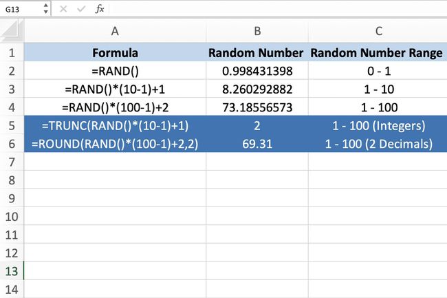 Zrzut ekranu programu Excel pokazujący funkcje TRUNC i ROUND