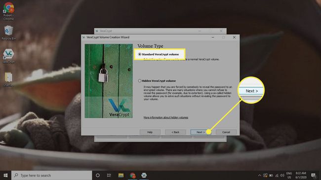 " სტანდარტული VeraCrypt მოცულობა" ვარიანტი და შემდეგი ღილაკი