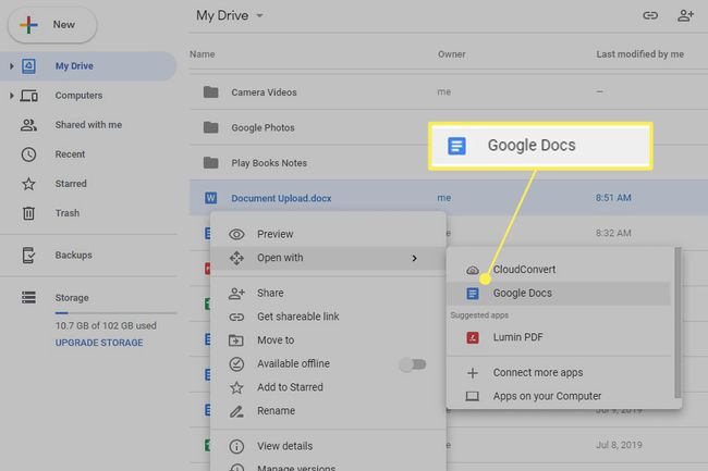 Abra com o menu do Google Docs no Google Drive