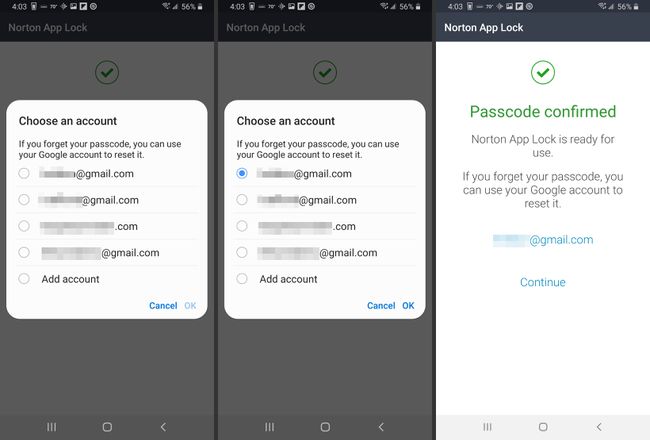 Válassza ki a Google-fiókot, válasszon egy fiókot, majd a Folytatás gombokat a Norton App Lock számára