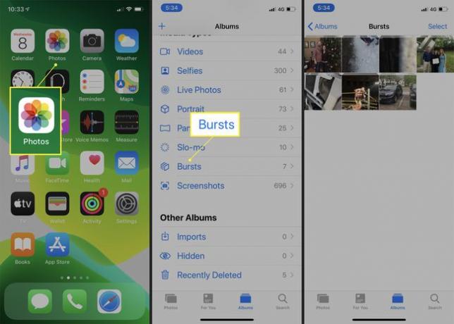 iPhone mostrando álbum Bursts no aplicativo Fotos