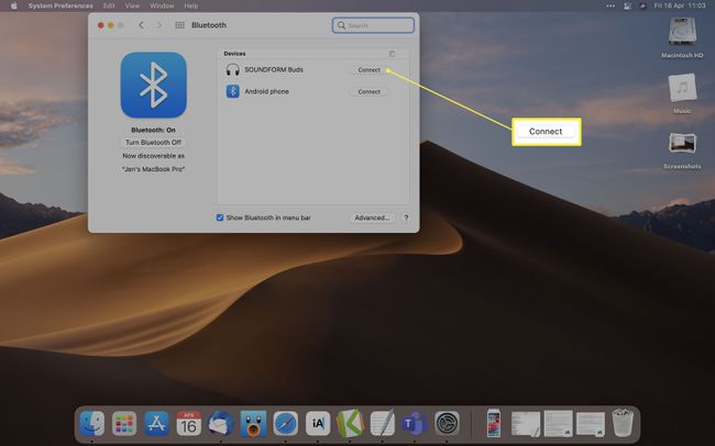 MacOS Bluetooth 장치 목록이 열려 있고 연결이 강조 표시된 상태