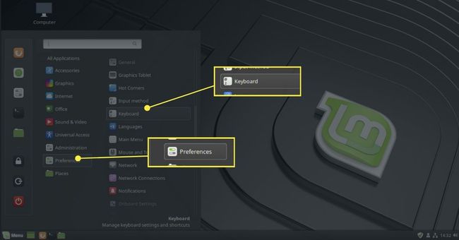 Настройки клавиатуры меню Linux Mint