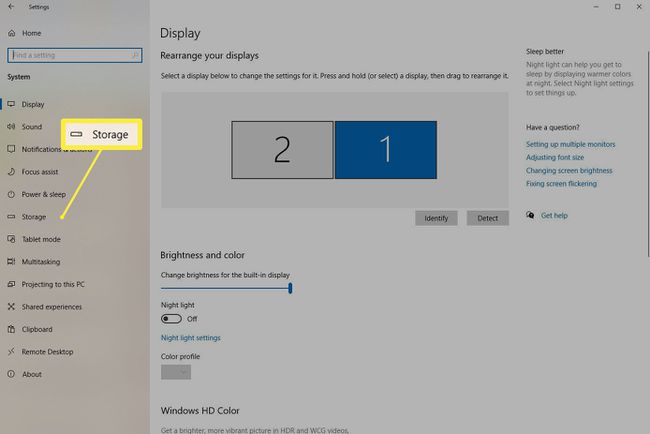 Snímek obrazovky nastavení úložiště ve Windows 10.