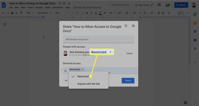 ดรอปดาวน์การเข้าถึงที่จำกัดในการตั้งค่าการแชร์ของ Google เอกสาร