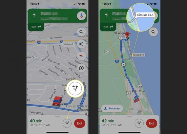 Escolha uma rota alternativa enquanto já estiver em rota no Google Maps no iPhone com o ícone de rota alternativa e uma nova rota em cinza destacado