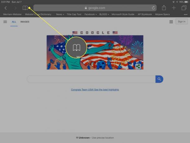 ブックマークボタンが強調表示されたiPad用Safariのスクリーンショット