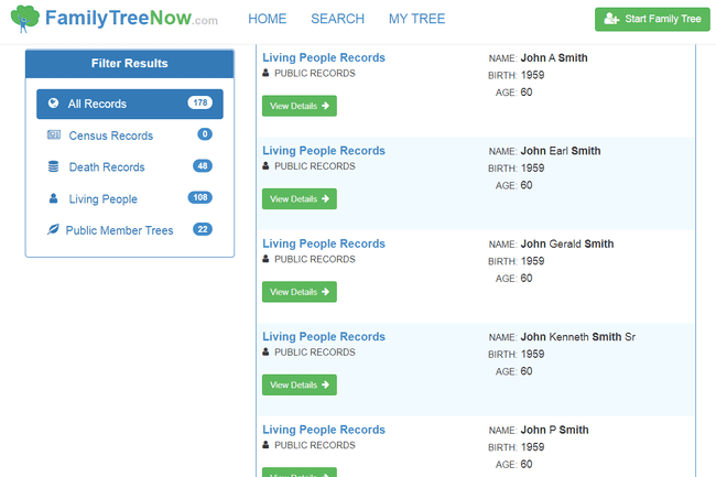 Wyniki wyszukiwania FamilyTreeNow.com i opcje filtrowania