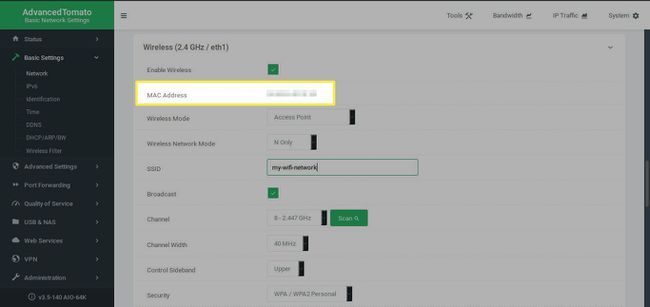 La dirección MAC que aparece en la página de administración de un enrutador.