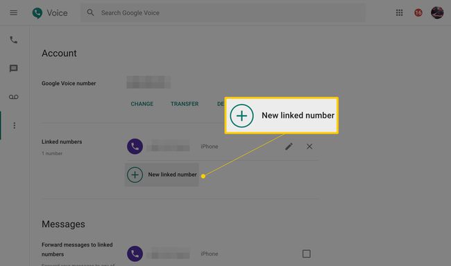 Нов свързан номер в настройките на акаунта в Google Voice