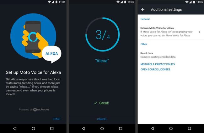 Aplicația Moto Voice care arată configurarea Alexa