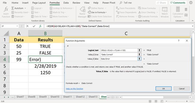 Ein Screenshot, der zeigt, wie die ODER-Funktion in der IF-Funktion in Excel verschachtelt wird