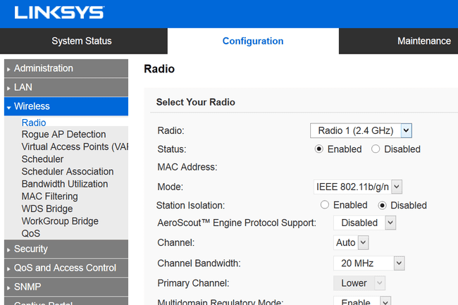 Linksys 라우터의 무선 설정 스크린샷