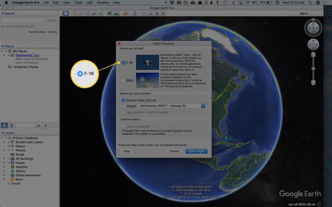 Zrzut ekranu opcji samolotu w symulatorze lotu Google Earth (Mac)