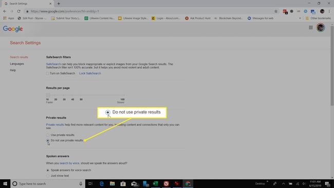 Configuración de Google.com con la configuración No usar resultados privados resaltada