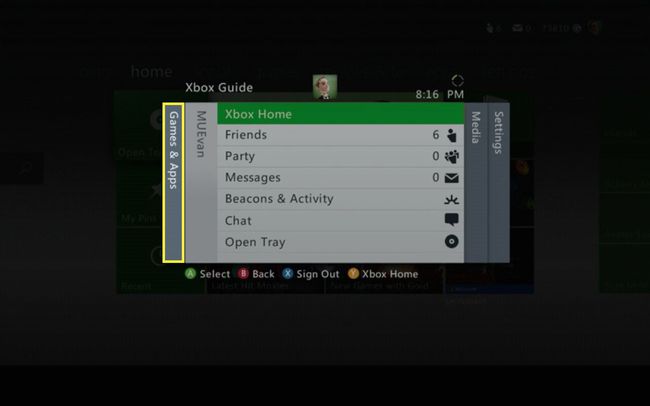 Menu inicial no Xbox 360.