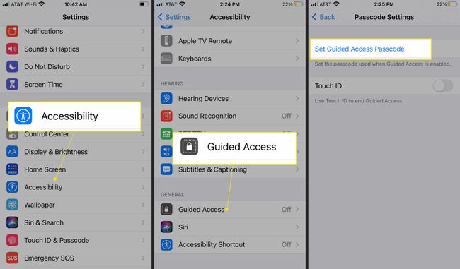 Configurações de acessibilidade com acesso guiado e " Definir senha de acesso guiado" realçadas