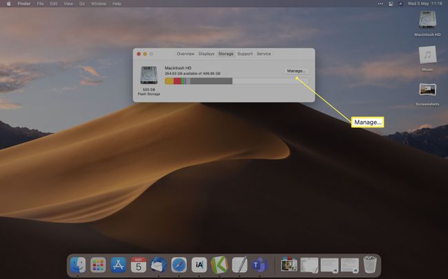 ストレージの管理が強調表示されたMacOSデスクトップ