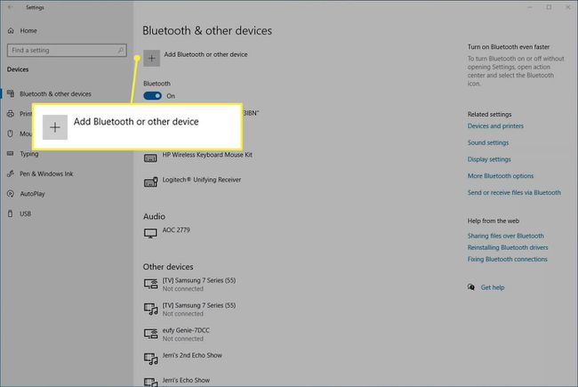 Windows의 Bluetooth 및 기타 장치 메뉴에서 Bluetooth 또는 기타 장치 옵션 추가