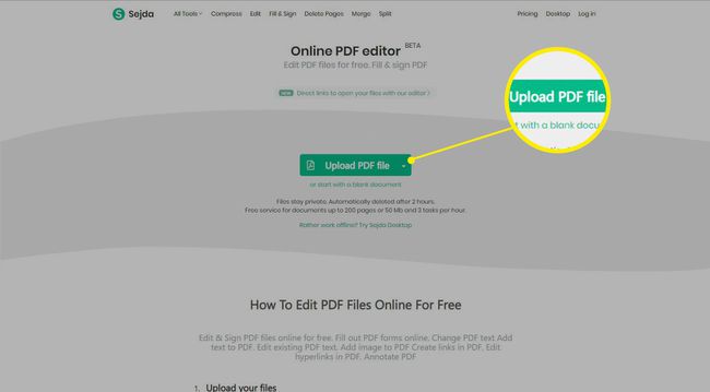 Homepage für den Online-PDF-Editor von Sejda