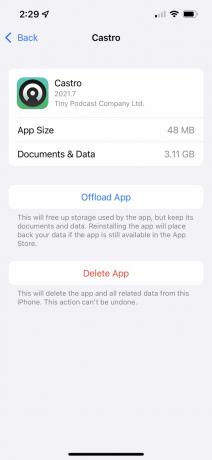 iPhone App Storage პარამეტრების ეკრანის სკრინშოტი