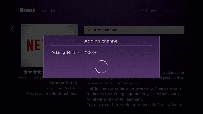 Snimka zaslona instaliranja Netflixa na Roku.