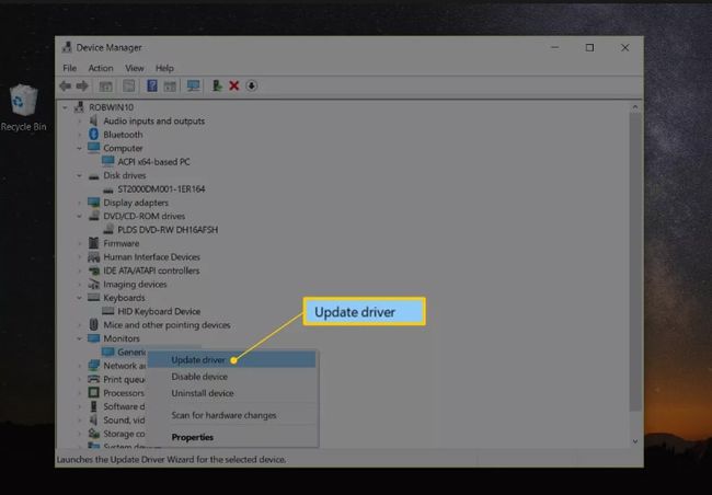 Opcja aktualizacji sterownika w menu Menedżera urządzeń systemu Windows