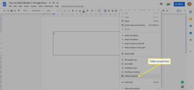 Propriedades da tabela do Google Docs