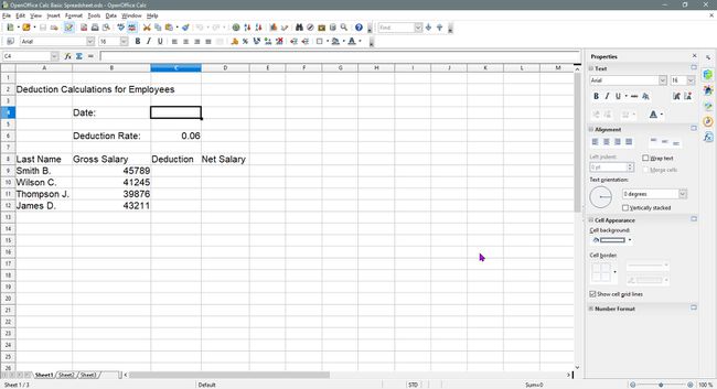 Cel C4 is geselecteerd in OpenOffice Calc.