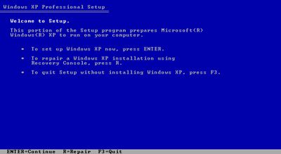 Windows XP kurulumu sırasında Kuruluma Hoş Geldiniz Ekranının ekran görüntüsü