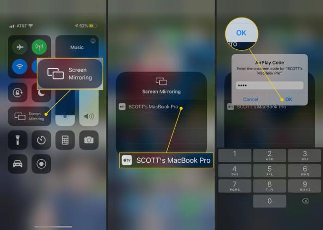 Screen Mirroring, MacBook para conectar, botão OK no Control Center no iOS