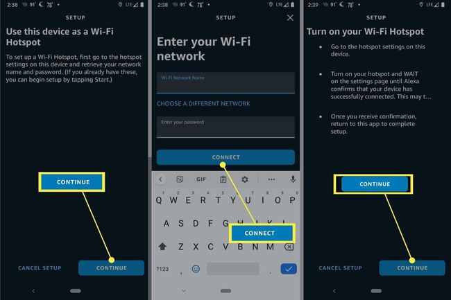 Fortsæt Opret forbindelse Fortsæt i Alexa Wi-Fi Hotspot-opsætning
